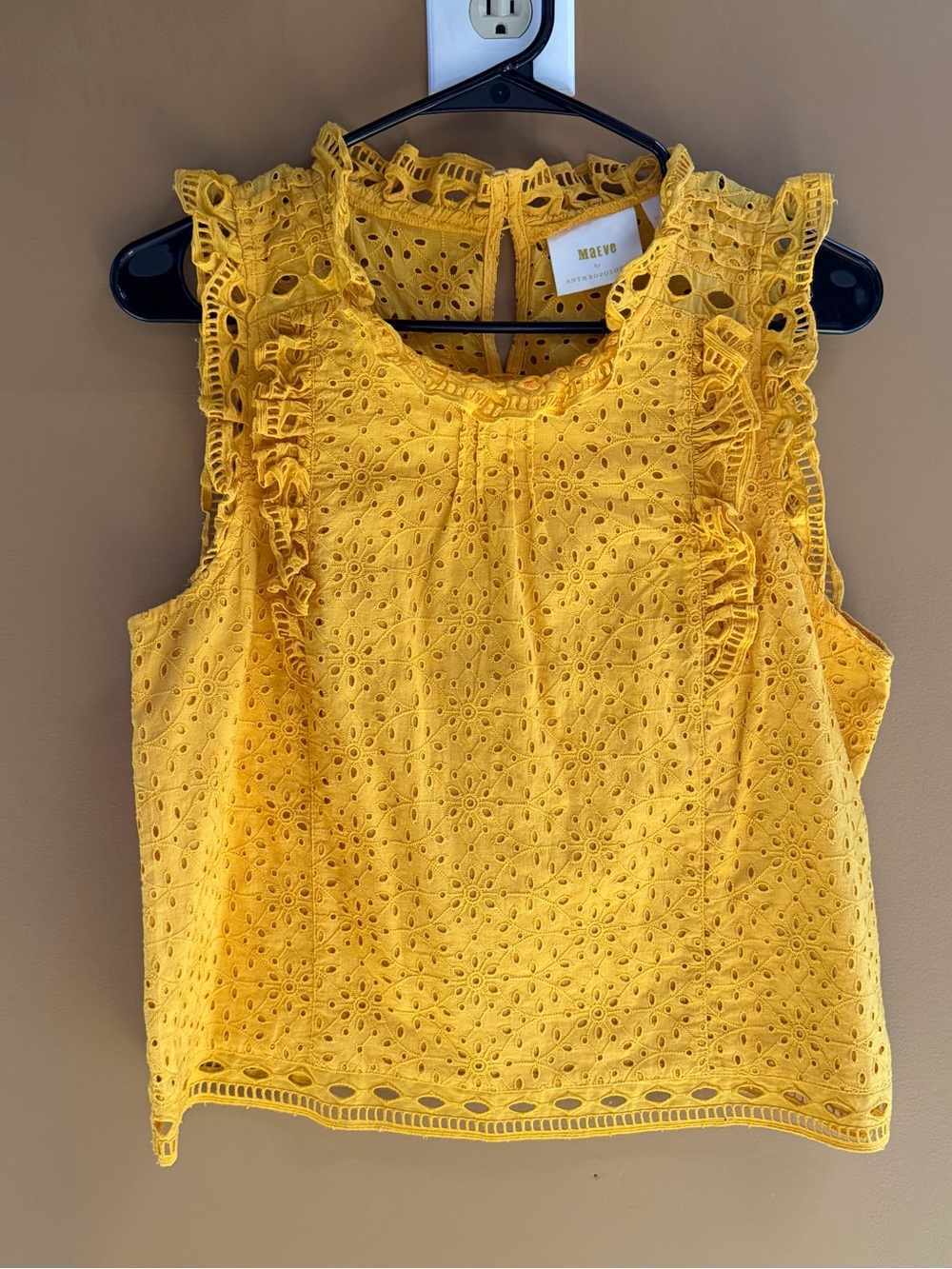 Maeve by Anthropologie Yellow/Golden Eyelet Ruffle Sleeve Top Summer small